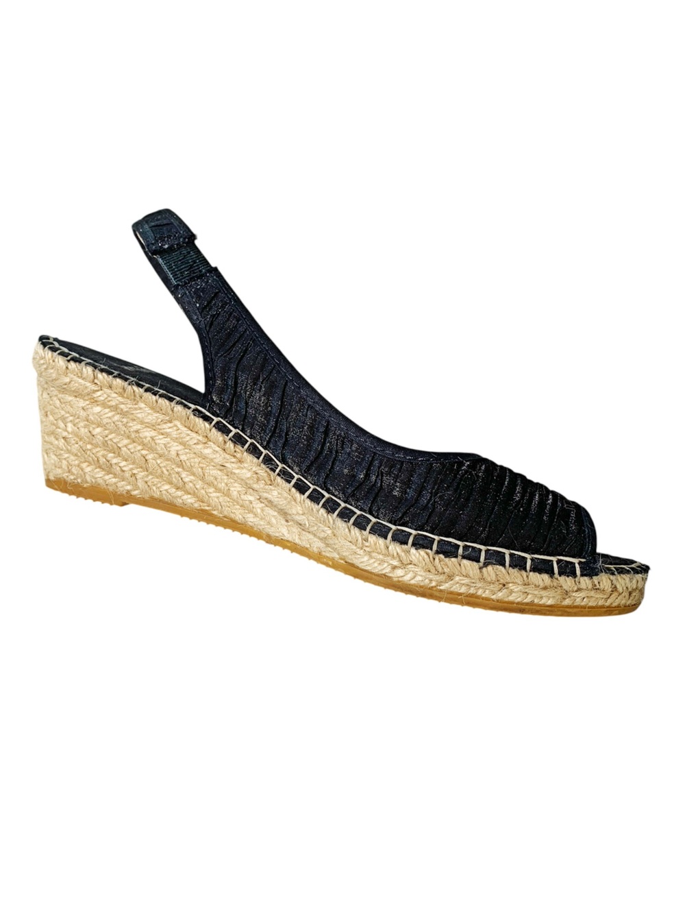 Vidorreta Sofia Black Peep Toe Ruched Wedge Espadrilles EU 39